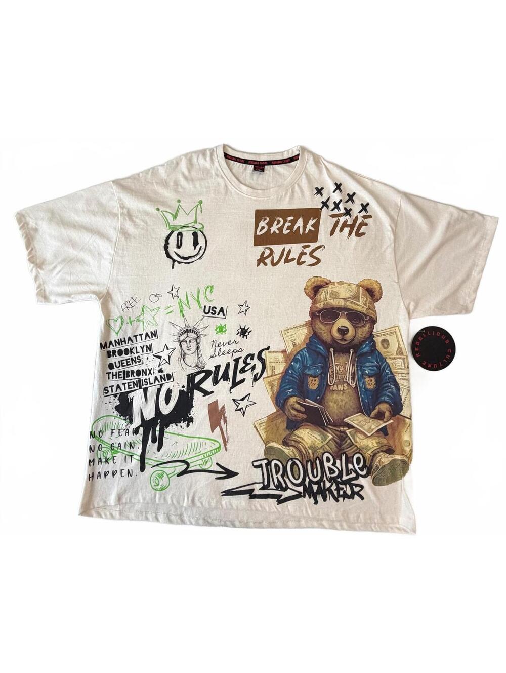 Rebellious Culture Break the Rules Troublemaker Teddy Bear Graphic Tee, Men's 3X